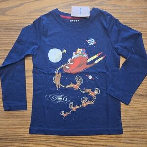 New Mini Boden Christmas Santa Sleigh Reindeer Space Shirt - Size 5-6